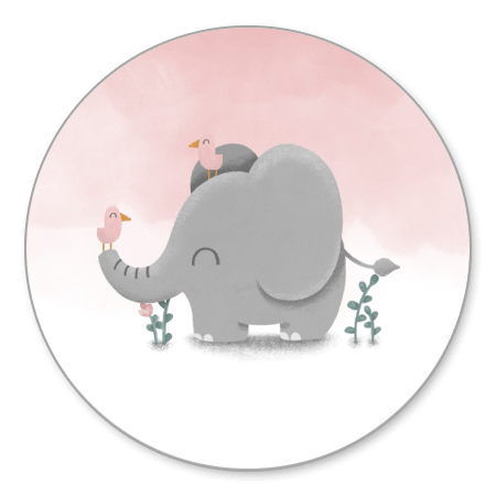 Lieve olifant met vogeltjes en roze waterverf